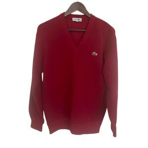 Vintage Chemise Lacoste Burgundy Wool V Neck Sweater - made in Japan - Large